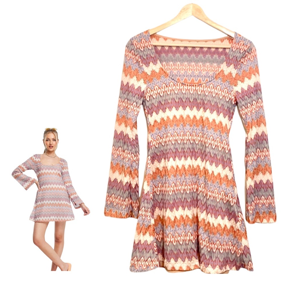ASOS DESIGN Scoop Neck Long Sleeve Mini Dress Crochet Brown Blue Zig Zag NWOT